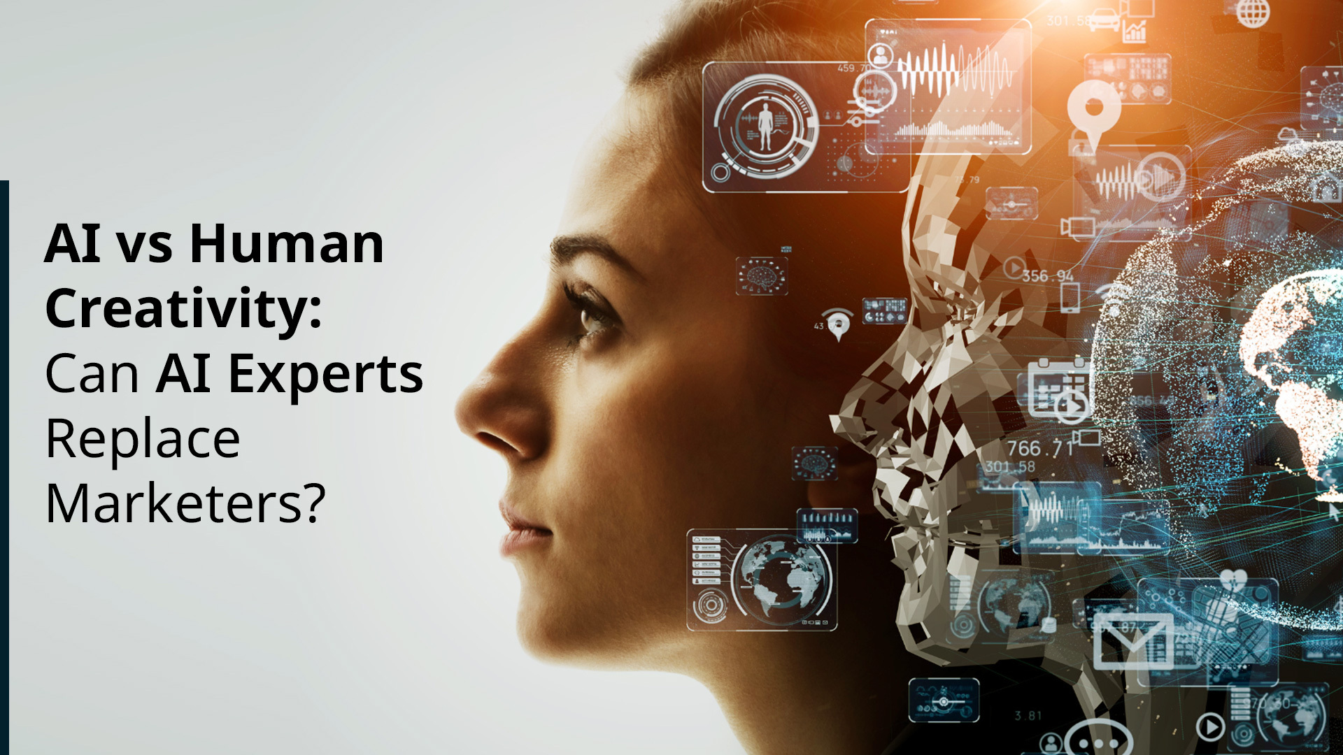 AI robot and human marketer facing off in a creative brainstorming session