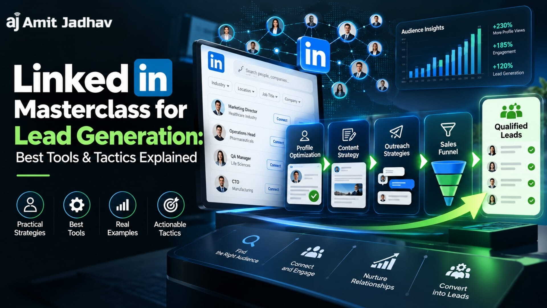 LinkedIn Masterclass for lead generation featuring tools, outreach strategies, sales funnel, and content tactics