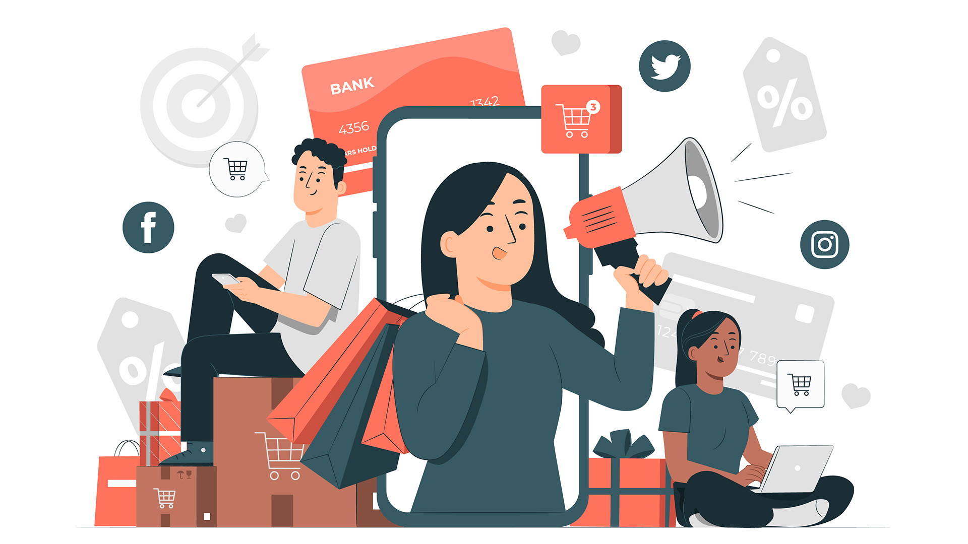 Illustration of professionals using social media for sales in 2025