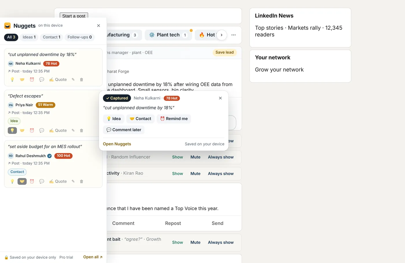 GoldPan’s Nuggets panel on the left of LinkedIn with three saved quotes, each with the author, their ideal-buyer score and the time, and a Captured card offering Idea, Contact, Remind me and Comment later.