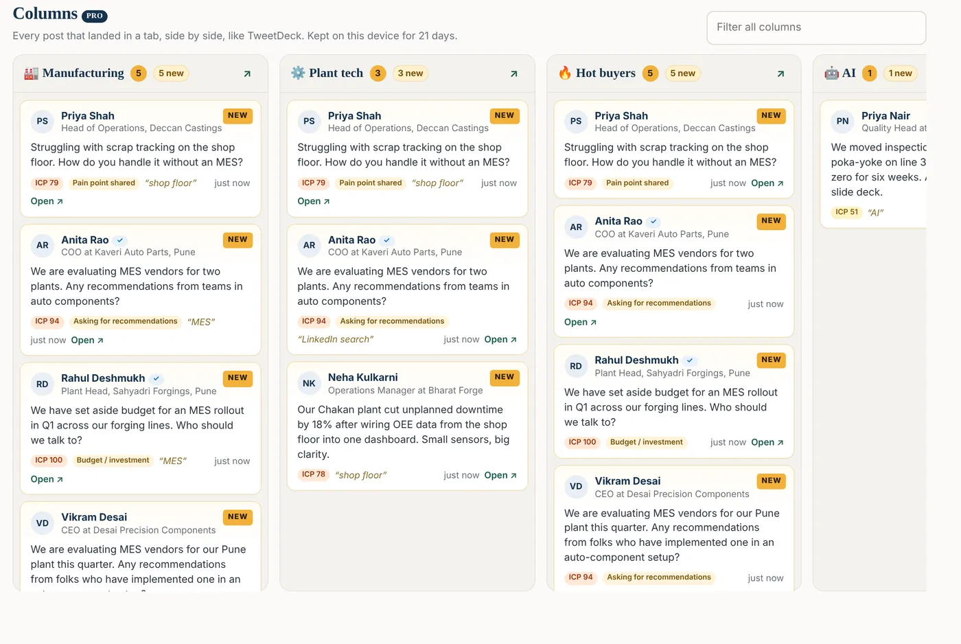 GoldPan’s Columns page with Manufacturing, Plant tech, Hot buyers and AI columns side by side, each showing new posts with ideal-buyer scores and signal tags.