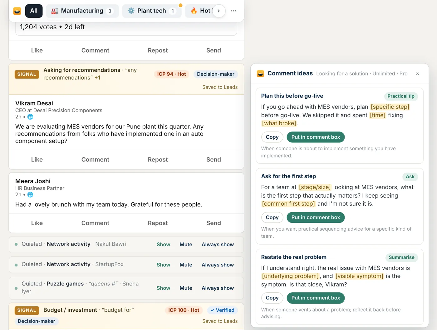 A LinkedIn post by a CEO evaluating MES vendors, tagged Asking for recommendations with an ideal-buyer score of 94, next to GoldPan’s comment ideas panel with three suggested replies to edit before posting.